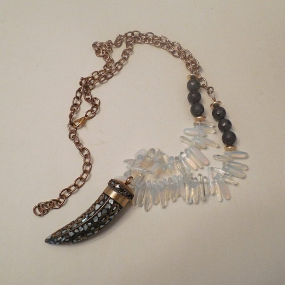 Tribal Brass Opalite Horn Mother of Pearl Inlay Statement Necklace